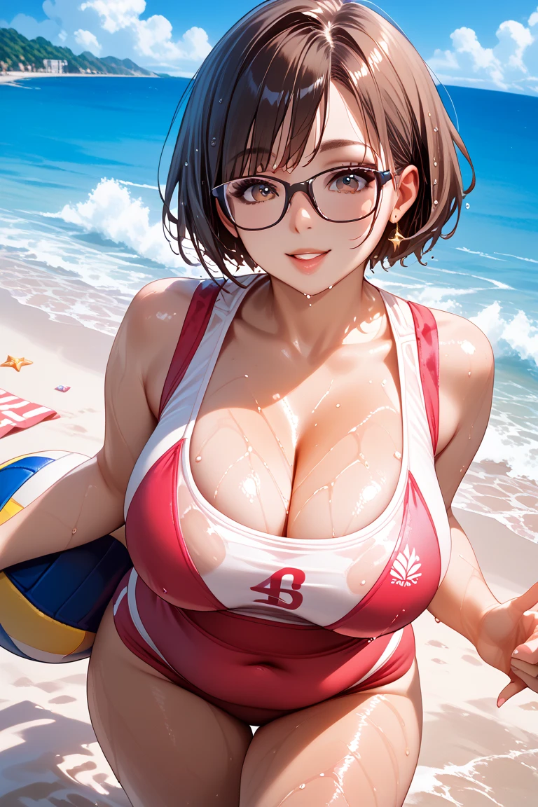 punk girl with glasses and a dark swimsuit, on the beach, a public, sunset in the background, Playing volleyball, with a red ball, short brown hair, detailed face, big breasts, high quality, high resolution