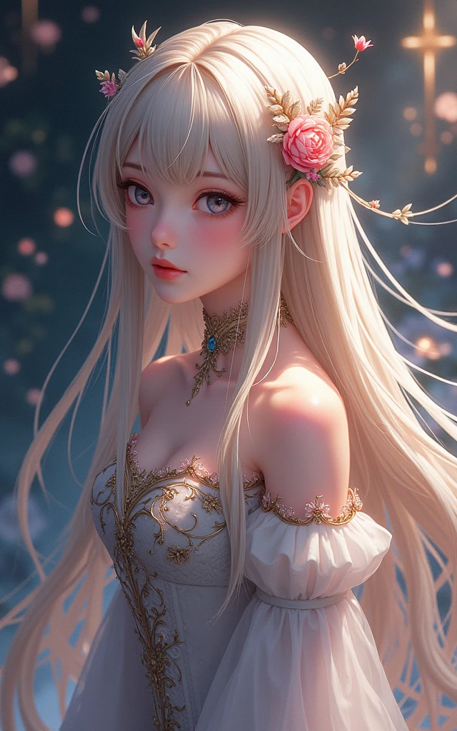 (masterpiece, best quality, beautiful and aesthetic:1.3), A beautiful elf lady, look back, side view, 1 elf girl, (solo:1.3), light smile, (honey blonde hair streaked beige:1.4), (Gradient sliver hair ends:1.6), hair strand, absurdly long hair, single sidelock, wavy hair, shiny hair, floating hair, (sky blue eyes), delicate eyes, aqua eyes, super high detailed eyes, long upper eyelashes, eyes makeup, red lips, Focus on face, Very detailed facial, (Pretty Face:1.3), Perfect medium chest, slim body, porcelain skin, (Delicate skin texture:1.2), (Highly detailed skin:1.2), bridal veil, lace-trimmed dress, see-through, wedding dress, (outdoors), white roses, garden, (morning), detailed background, beautiful background, standing, whole body, extreme detailed, Edge lighting, two color lights, 8K UHD, Bokeh, イーブイの絵, soft light, Volumetric lighting, confess, warm tone