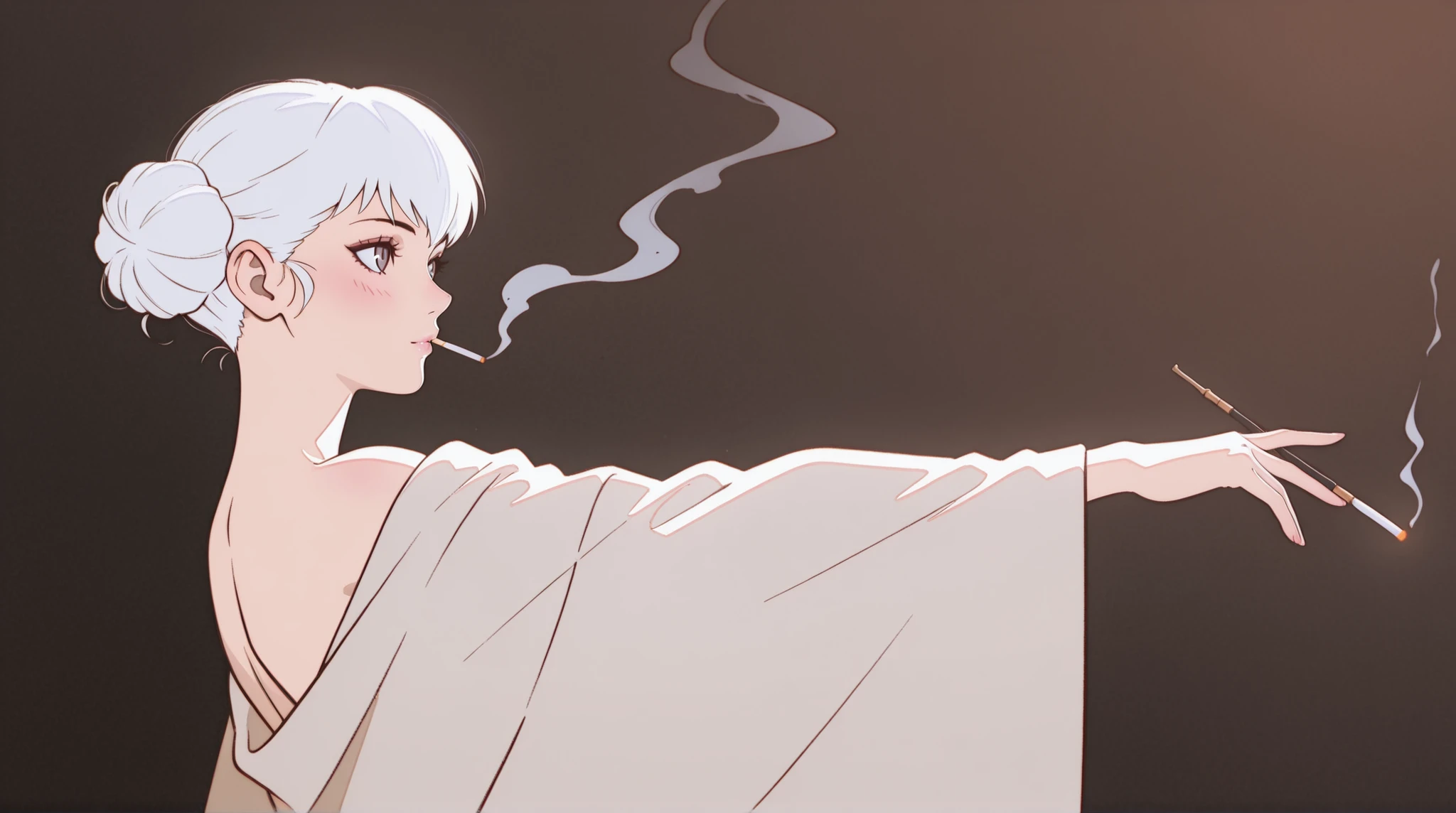 Triple tone {anime style illustration}, subject:: {elegant anime woman with white hair in a loose bun, wearing a deep plum evening gown with sheer sleeves, leaning back with eyes half-closed and smoke rising from a thin cigarette holder in her hand}, style:: {vintage noir, art deco}, environment:: {dark starry textured background}, art style:: {clean line art, soft shading, muted palette}, inspiration:: {Junji Ito, Loish, Ilya Kuvshinov}, lighting:: {low key lighting, subtle backlight}, detail:: {fine ink lines, textured overlay, soft blush tones, swirling smoke}, resolution:: {high resolution, 4K, fine grain}