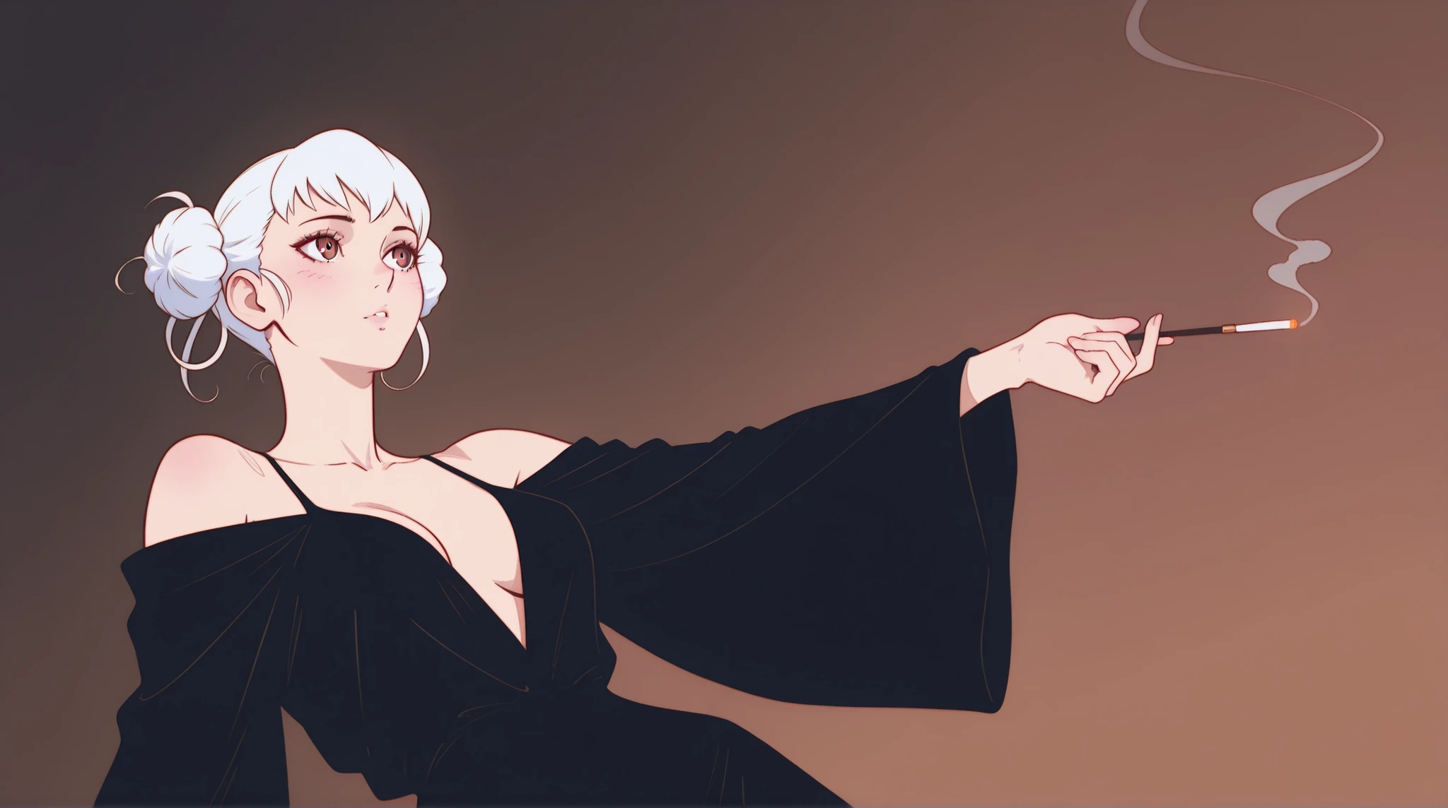 Triple tone {anime style illustration}, subject:: {elegant anime woman with white hair in a loose bun, wearing a deep plum evening gown with sheer sleeves, leaning back with eyes half-closed and smoke rising from a thin cigarette holder in her hand}, style:: {vintage noir, art deco}, environment:: {dark starry textured background}, art style:: {clean line art, soft shading, muted palette}, inspiration:: {Junji Ito, Loish, Ilya Kuvshinov}, lighting:: {low key lighting, subtle backlight}, detail:: {fine ink lines, textured overlay, soft blush tones, swirling smoke}, resolution:: {high resolution, 4K, fine grain}