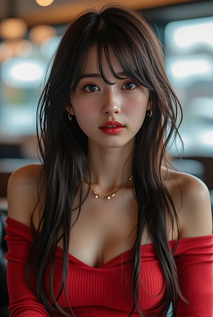 1girl, solo,red theme,looking at viewer,large breasts,portrait,from side,bad-girl,((mature female))