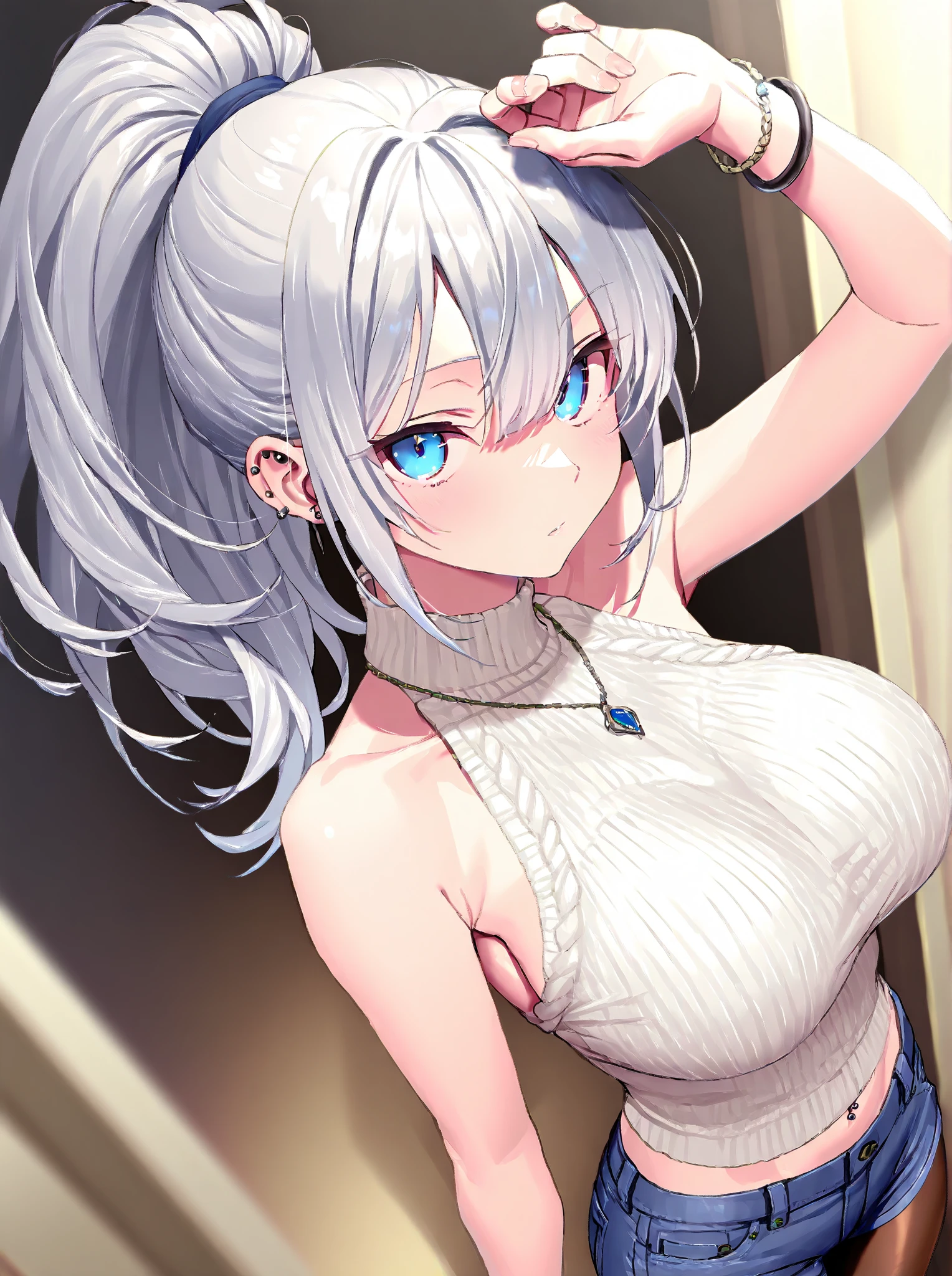 1 Girl, Light Blue Baggy Sweater, No Pants, Medium Breasts, Blue Eyes, Platinum White Hair, Twin Tail Hair Style, Pale White Skin, Smooth Skin, Face Freckles, Nice Cleavage, Slutty, Sexy, Sassy, Smirking, Tease, Teasing, Leaning Forward, Side Profile, Upper Body Shot,