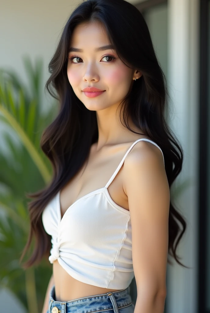 beautiful thai woman, long, straight black hair, big breast,  big , big ,  double eyelid,  Beautiful Face,  Beautiful Makeup , Realistic details, Wearing a sexy rose gold silk loose tank top,White pants, Selfie, inside her big apartment home, 