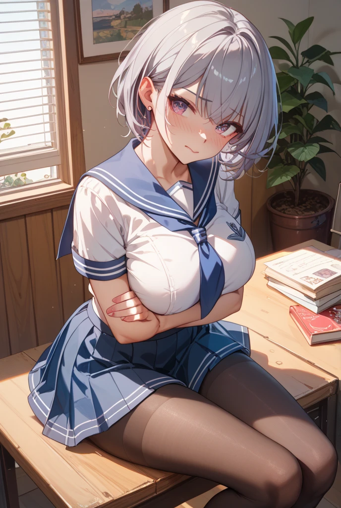 ((solo girl)),((Perfect body,))((Super beautiful,))((High quality,)), (sweaty,) (wet all over,)hairband,hair ribbon,hair intakes, white hair, blue eyes, white blazer, classroom at sunset, after school, backlit,((Pleated skirts that are too short and expose underwear)),shiny glossy,Thigh-high socks,Closed mouth,gigantic breast,(Lift up the hem of her skirt to show off her crotch),