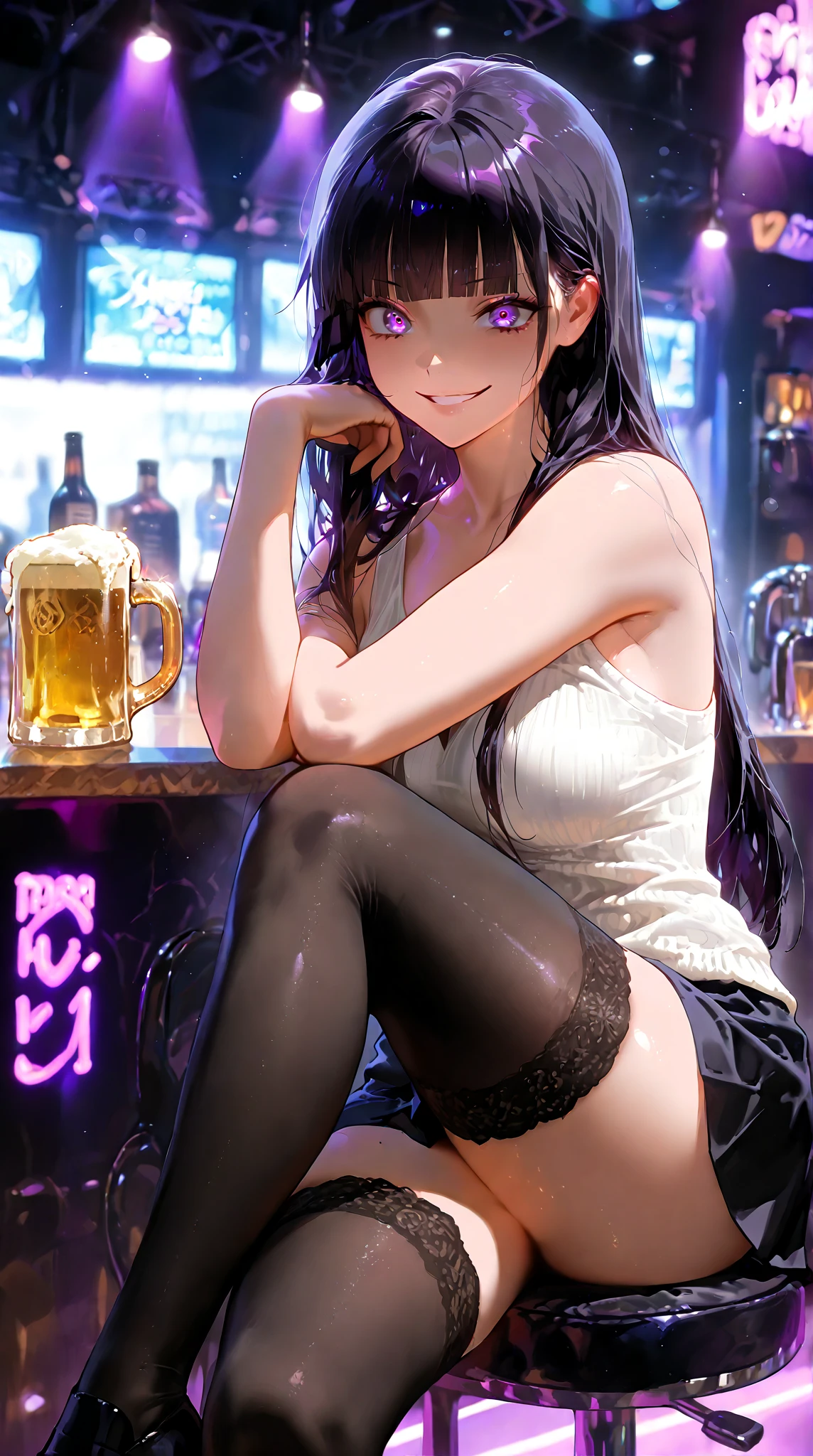 1girl, solo, mai, long black hair,(naked:1.3), large breasts, thighs, cafe background, (blushing:1.2), smiling , purple eyes