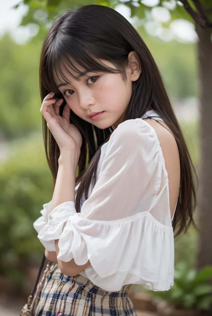 Woman、His hands are tied、((Place your hands behind your back))、((Place your hands together and cross them behind your back))、(((Her wrists are tied with rope)))、shibari、beauty、20age、university student、(anatomicaly, Has two arms and two hands)、Standing on a hill at night、There are a lot of trees、Beautiful night sky、There are many stars、A strong wind is blowing、Wearing a short-sleeved blouse、Wear a high school student-style miniskirt、Uniform eyes、Proportioned proportions、Small breasts、Small face、(I can see from head to heel), Black Hair, bangs, swept bangs, Straight hair, Nervous, Messy Hair, Floating hair, Cinema Lighting, tachi-e, First-person view, throw, From behind, F/1.2, Nikon, Cowboy Shot, Surrealism, 超High resolution, Highest quality, High resolution, 8k, Textured skin, anatomicaly正しい体,