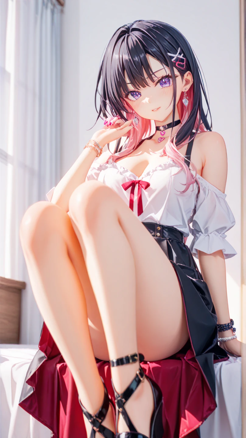 Anime girl in lingerie lying flat on bed,seductive anime girls,beautiful and seductive anime woman,Beautiful anime girls,Anime Barbie with white stockings,beautiful alluring anime teen,Smooth anime CG art,beautiful anime woman,Anime goddess,Guviz-style artwork,Guviz,Trends on CGSTATION,Güvez on the Pixiv art stage,pink hair,blush on,shylily,spread legswide,white stockings,Expose the soles of your feet,hands above head,Lick the,the maid outfit,Undress
