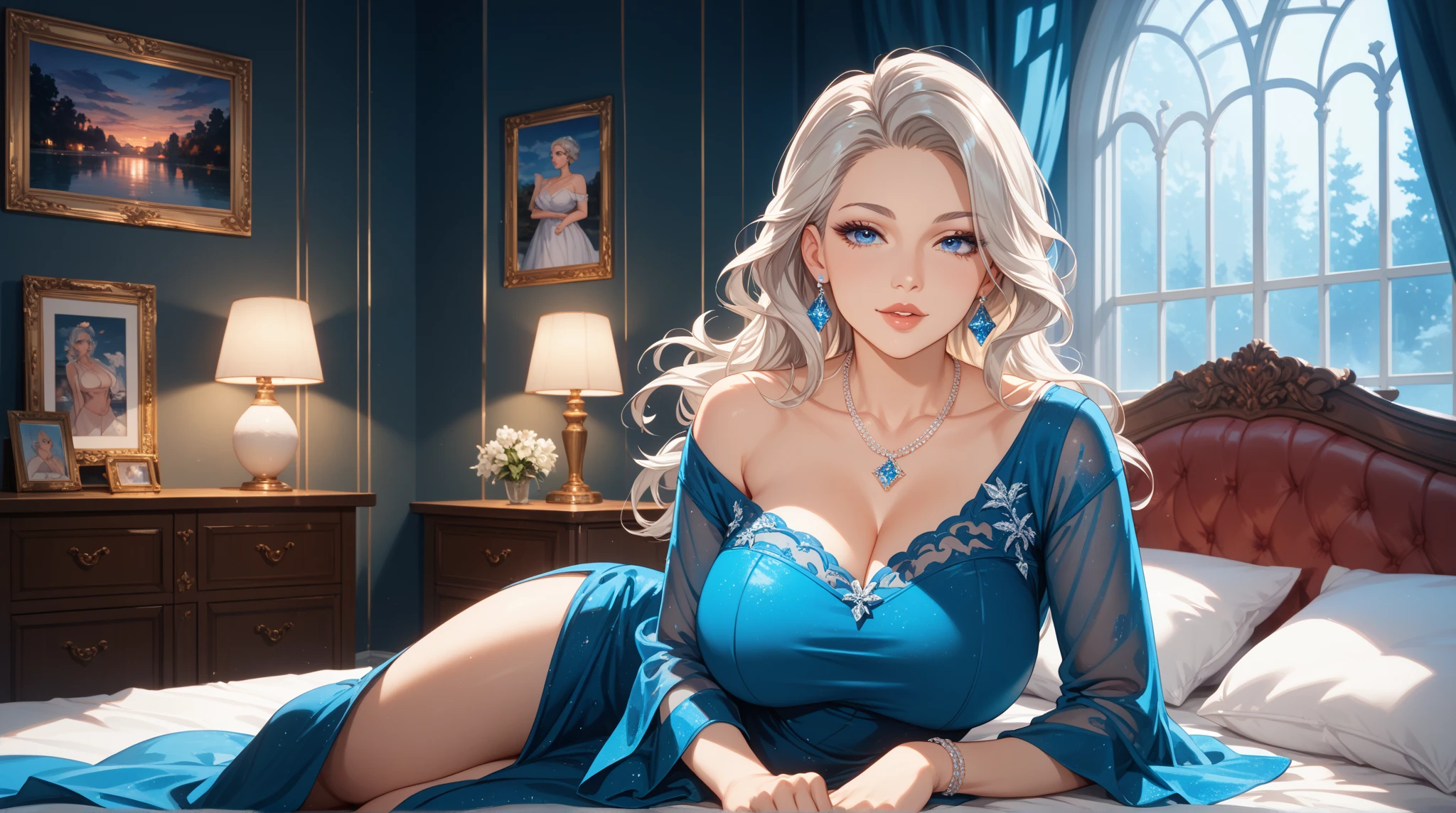 portrait of a hourglass shaped elf with (long white hair behind ear, straight bangs), (necklace, earrings), (glowing eyes, green eyes), (seductive smile:1.3), eye contact, (black embroidered lingerie), cleavage, close to a window, sitting on a chair crossed-leg, bedroom, (morning), god rays, ray tracing, best quality, 16k, masterpiece