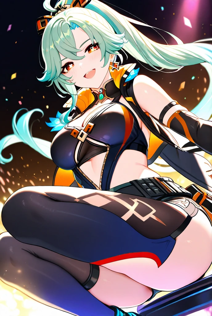 ((1girl in slutty pink latex dress, ))),solo girl, hoop earrings, Puffy lips, Painted lips, thick lips. Blonde hair, short hair , wide hips, thick thighs, Bursting breasts ,evil smile, bimbo,stripclub, score_9, score_8_up, score_7_up, source_anime,
BREAK,
Millium Orion, blue hair, short hair, antenna hair, ahoge, yellow eyes, black hat, headwear, black and yellow vest, white shoulder armor, zipper, white shorts, black thighhighs, green belt, white boots,
BREAK,
1girl, solo, happy, looking at viewer, full body,
BREAK,
asamura hiori
BREAK,
1girl, outdoors, sky, clouds, distant mountains, full body , shoes, 8K, 1girl, adult, smile, (blush), (shy), looking at viewer, dynamic angle, wind, game cg, fantastic scenery, bulge, bulge in shorts, femboy