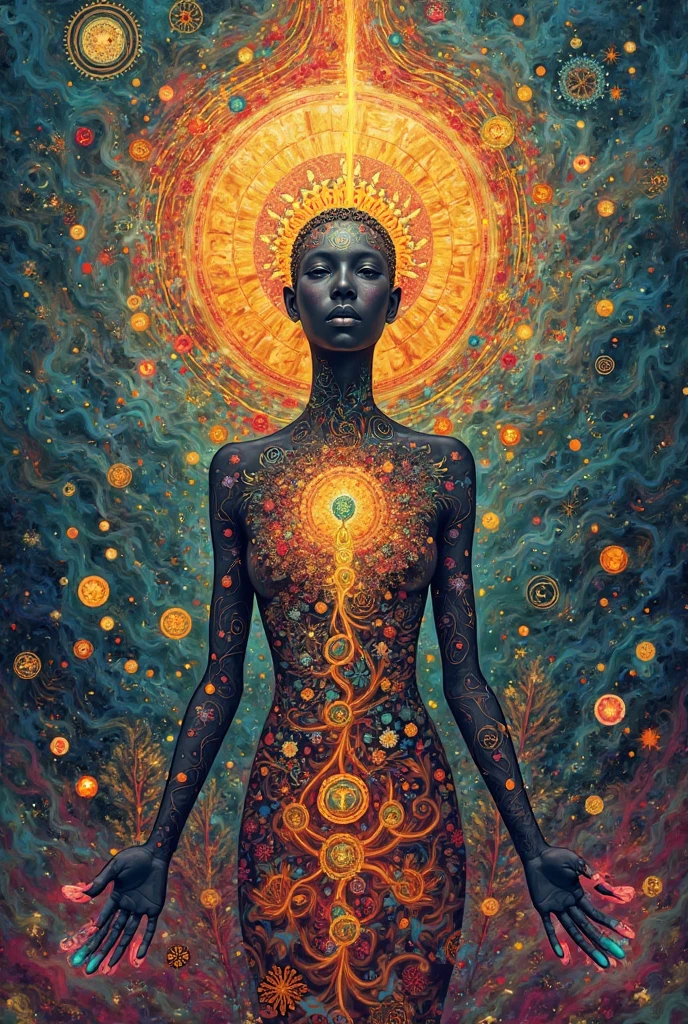 Create a woodcut style image digital art surreal art that depicts a mystical figure with divine characteristics, the figure has a connection with the cosmic astral and the plantea, symbolizing control and harmony with the universe. Use a vibrant color palette, including blue, oranges and whites, to create heavenly contrast and a stunning visual effect