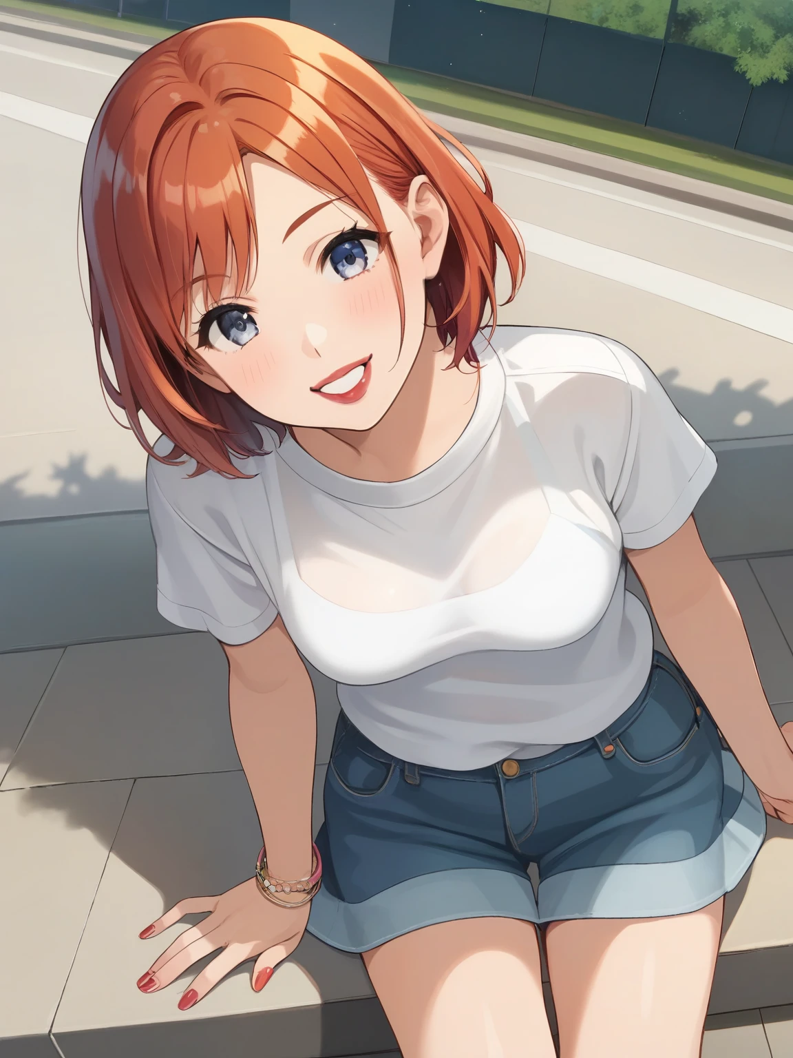 score_9, score_8_up, score_7_up, score_6_up, source_anime, nsfw,uncensored, audience intuition ,((( redhead))), Petite,skinny, thin hands and feet,(((My eyes are light gray))), Thin face, I can see her plump lips, red lipstick, やわらかいメイクup, small ,Medium Hair,魅惑的なsmile, and I'm wearing a transparent LGBT mini shirt, best quality, High detail during meals, Ultra High Definition, short hair,smile, realism, Kyoani Style,glitter,Dynamic angle,angle,dusk,evening,