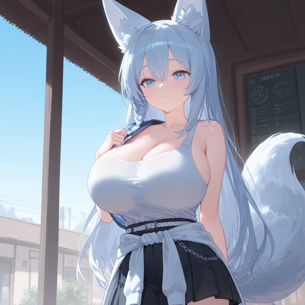 (remover censura), ((((sensuous))), best qualityer, masterprice, 1girl, (独奏: 1.1), raytracing, ultra detaild, face detailed, 8 k wallpaper, breasts big, niplles, ssmile, Broad Hips,nadegas, plein-air, DeltaNDV, long hair, animal ears, bangss , wolf's ears, gazing at viewer, wolf's tail, sexy clothes, へそ, facing the front, (fangs, standing on all fours :),