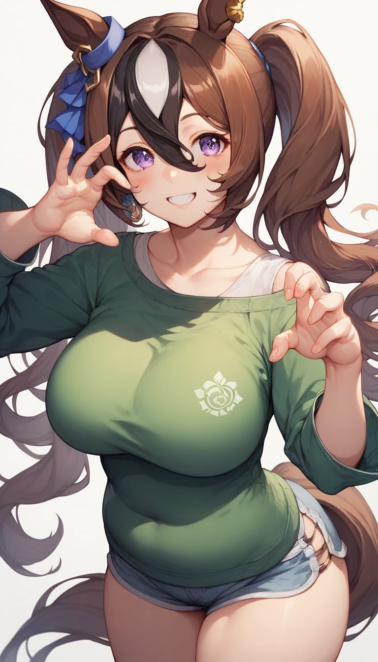 1girl, light smile, brown eyes, large brests, wide hips, brown hair, one eye covered, haie over one eye, multicolored hair, green hair, ponytail, sweater, white background, masterpiece, ((masterpiece))