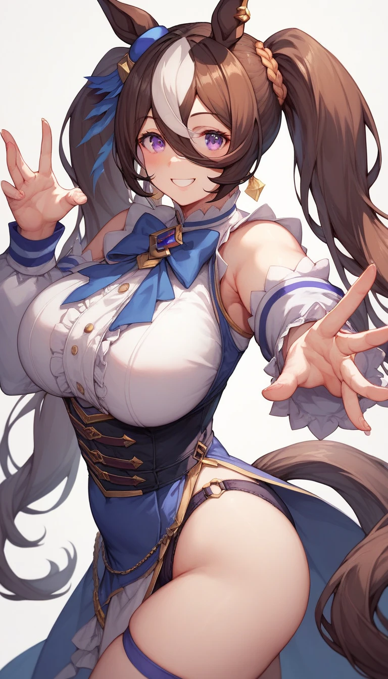 ksaqua, hair rings、blue shirt, bow, detached sleeves, skirt, thighhighs, bare shoulders、ahegao、smile、Ultra-detailed illustrations、Ultra-precise expression、masterpiece、Highest quality、ultra High resolution、High resolution、Hiromitsu Takeda Style、White background、Simple Background、whole body、One girl、solo、White Breath、Sweat、Glowing Skin、shiny skin、Front angle、View your viewers、stand、Completely naked、pubic hair、barefoot、Big Breasts、