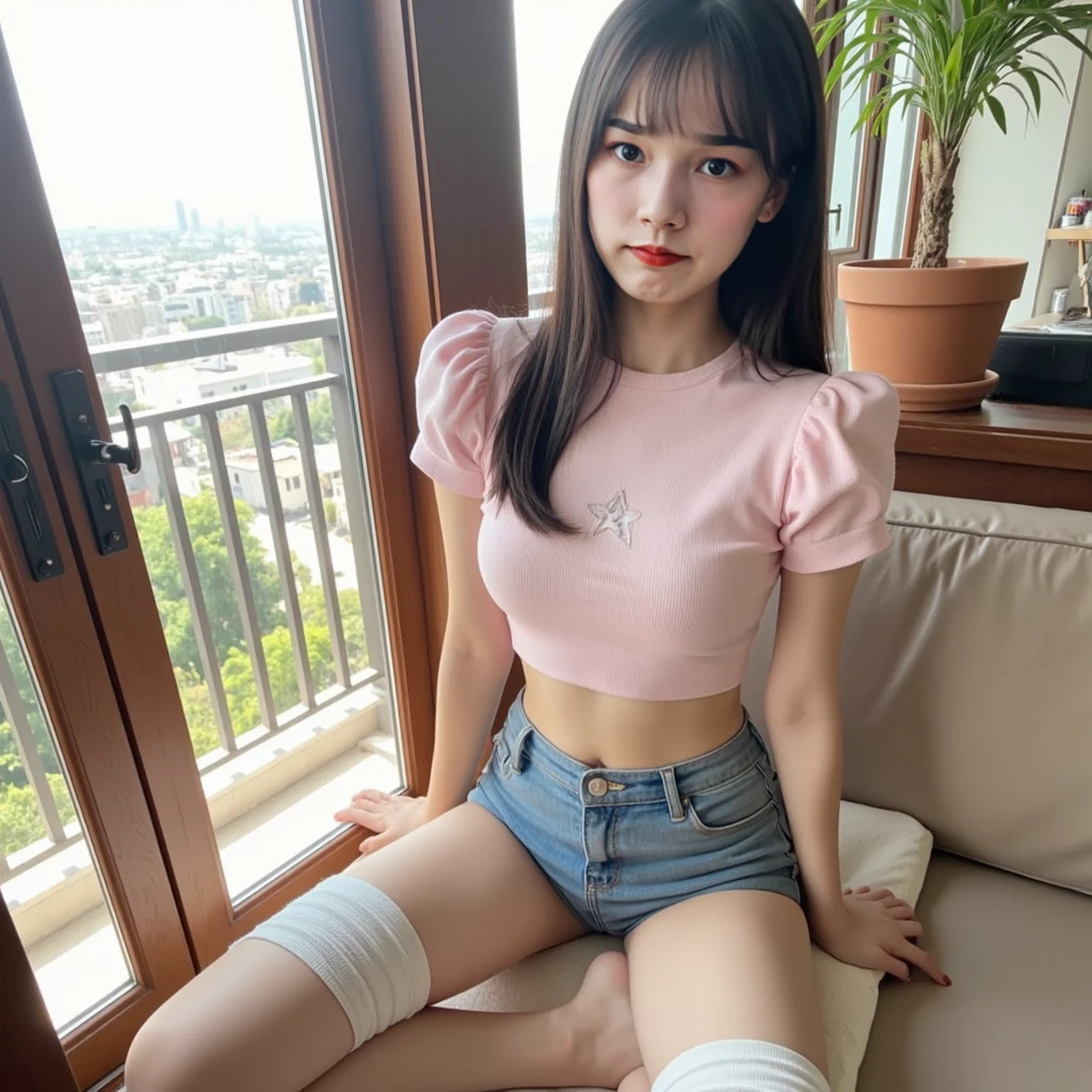 Highest quality、8k、Junior high school girl、20-year-old body、Cute like an idol、Shorts、Black Knee High Socks、Pink T-shirt、Plump thighs、Spread your legs、Spread your legs、Inside the train、sit on a bench、from the front、