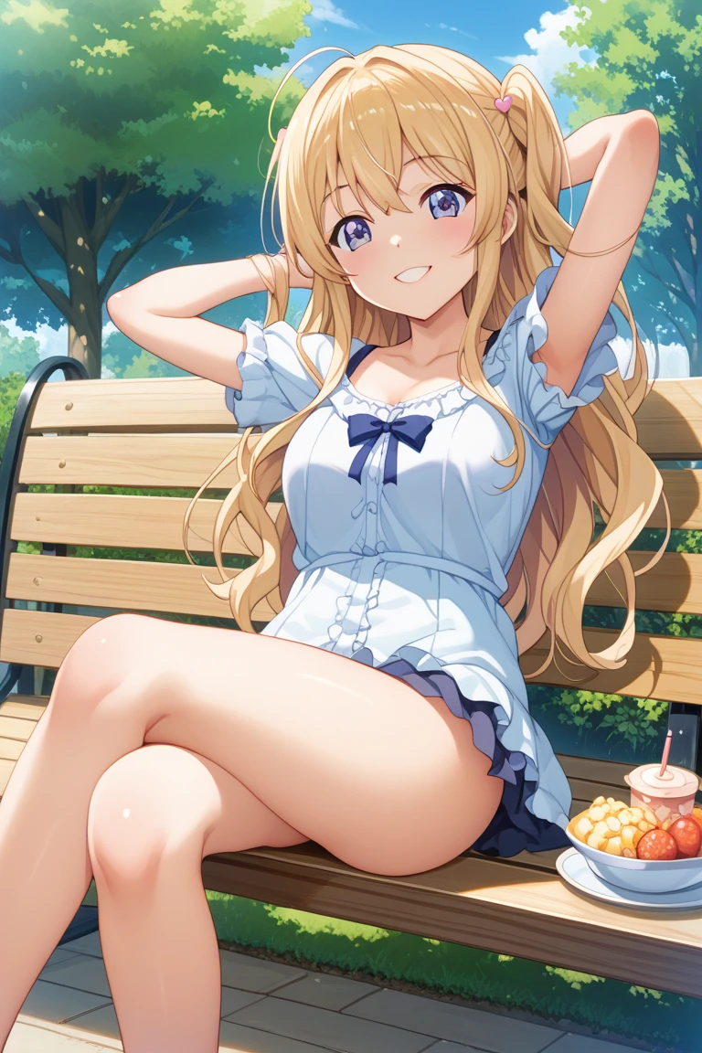 1girl, full body, summer, village, trees, sun, clouds, ((colorful hair)), curly hair, twintail, large breasts, button down shirt, ((purple shirt)), ((short sleeved shirt)), ((unbuttoned shirt)), unbuttoning buttons, popping buttons, cleavage 1:3, brown eyes, ((red black skirt)), grin, looking at the viewer, touching neck, standng, hair ribbon, golden necklate