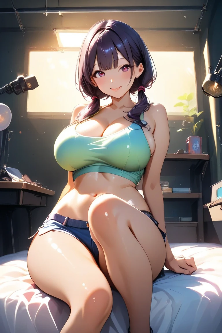 a close up of a woman with a big breast posing for a picture, anime realism, yael shelbia, cute:2, pink light, game hud, streaming, 3 d animated, render naughty dog, sussy baka, with big eyes, self erotic, very sweet, brunette woman, very very realistic, the artist has used bright, 3 dcg