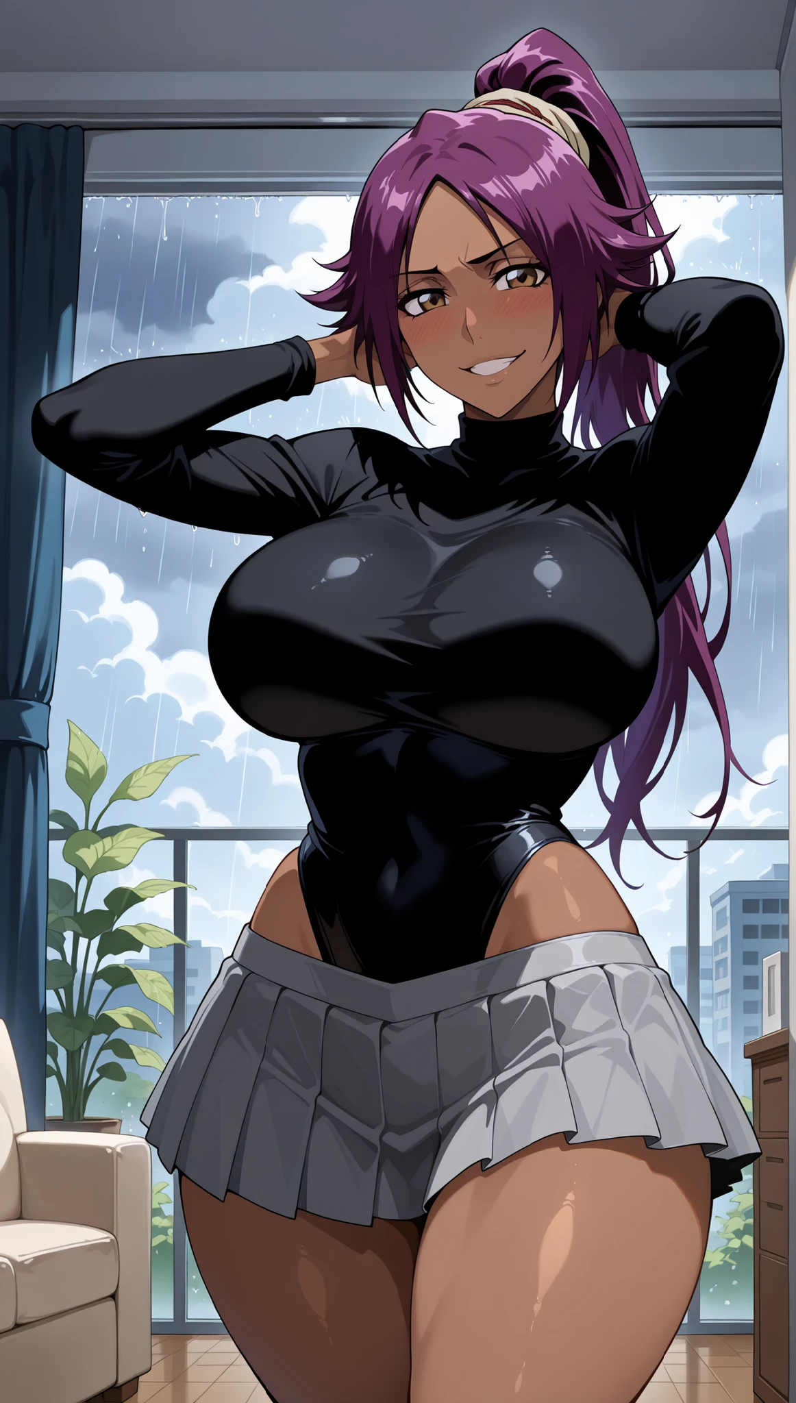 masterpiece, 4K, beautiful, perfect art, detailed eyes, clear skin, fem_byleth, green hair, fair skin, light skin, athletic build, outdoors, curvy, tall, very large breasts, perky, very messy hair, short hair, wide hips, mature, bulge, tight shorts, t-shirt, bulging pants, dickgirl, confident, futanari, smirk, facing camera, buxom, muscular, mature body, extremely wide hips, tall, dominant, looking at camera, portrait, hotpants, large bulge, focus on crotch, cock sock,