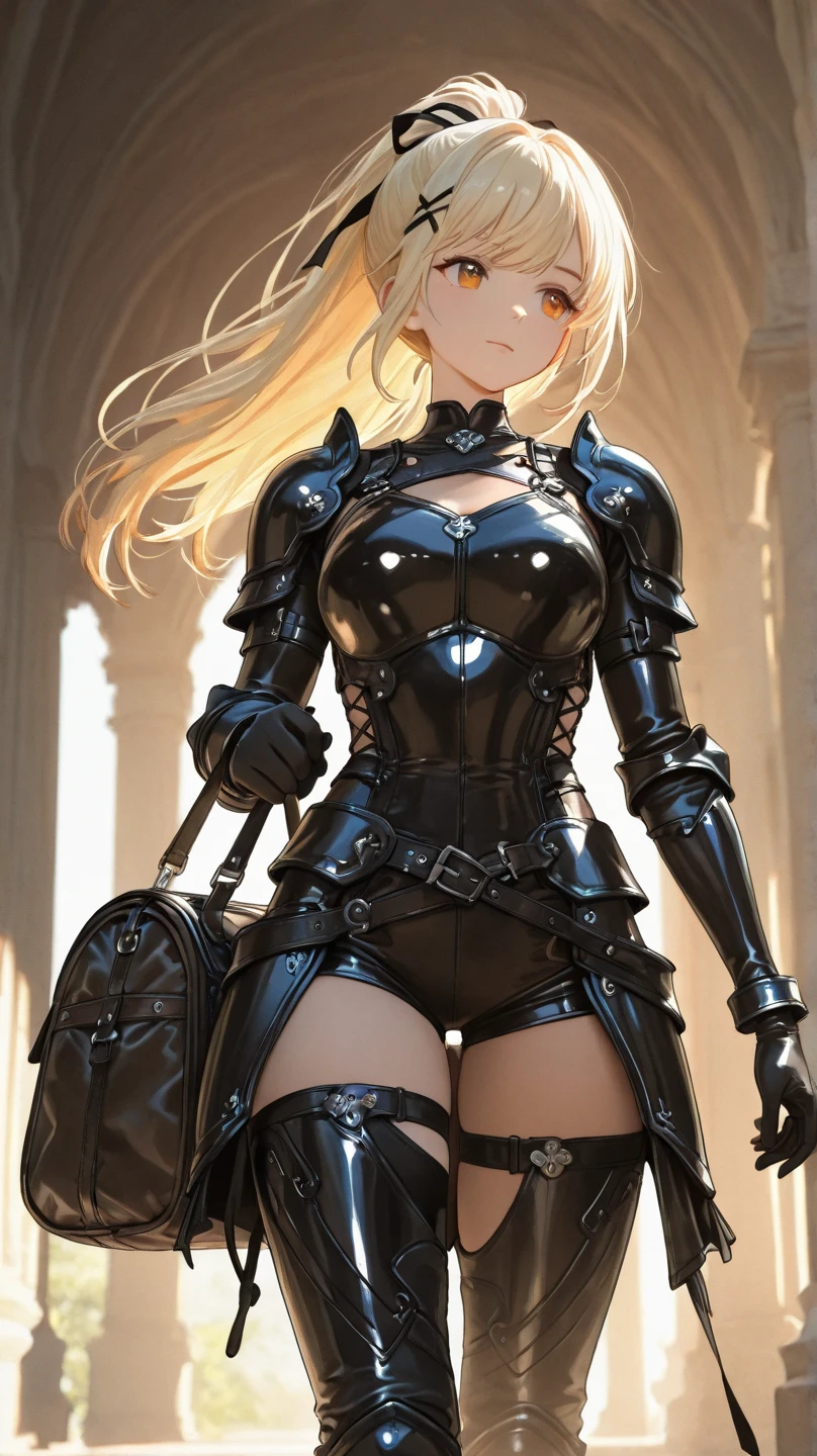 berserk style, beautiful woman, long curly blonde hair, gentle and shadowy eyes, silver iris, armor black, medieval with a circular sun on the chest, with a bastard sword strapped to his back.