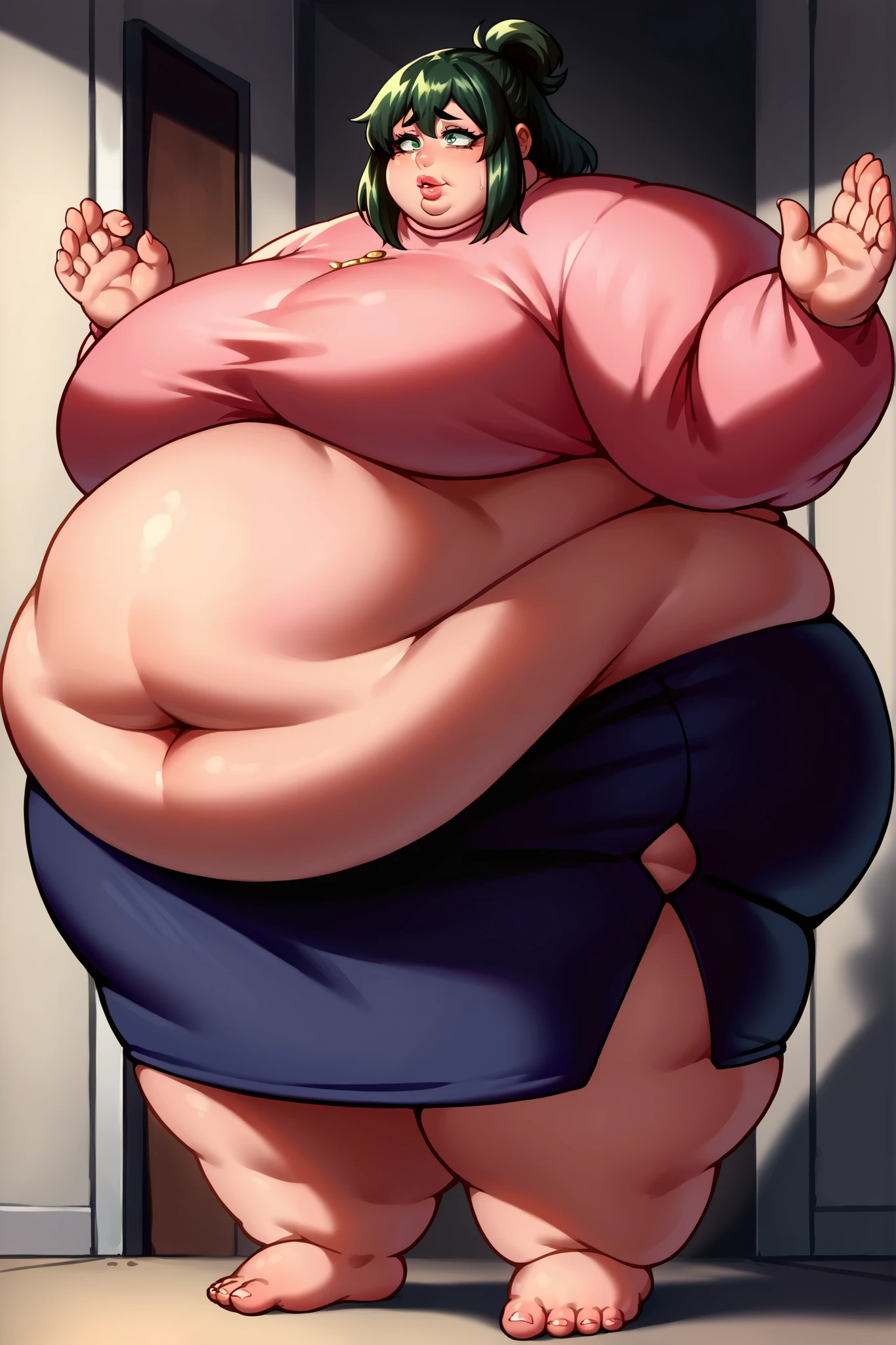 Extremely obese woman, wearing a loose pink dress, fat blob, far rolls, immobilized by her weight, very long wavy neon pink hair, a big belly, saggy belly, gluttony, hanging belly, sitting on a throne,