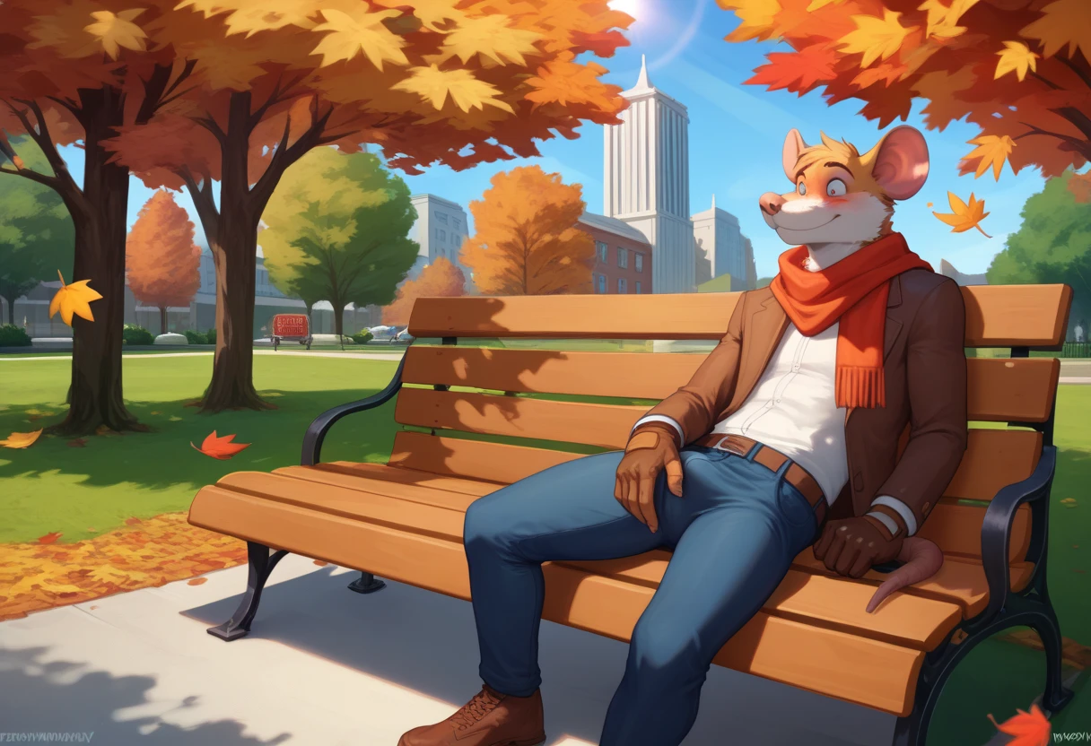 Kobold, furry, dark orange fur, white fur on chest, barefoot, kobold tail, 4 toes, dark green shorts, lying on a bench in a park, pads on feet and hands, showing soles feet, slave.
