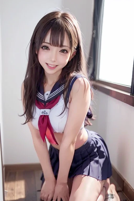 (highest quality,masterpiece:1.3,Ultra-high resolution),(Very detailed、Caustics) (Realistic:1.4, RAW shooting、)Ultra-Realistic Capture、Very detailed、Natural skin texture、masterpiece、(Japanese girls wearing high school sailor uniforms:1.3)、Pressing our chests against each other、Adorable expression、Expressions of happiness、14 years old、Height: 148cm、Young Face、Amazingly cute、Twin tail hairstyle、Straight hair、Scrunchie、Black Hair、light makeup、Slightly large breasts、Bare arms、Shining thighs、Shining ass、Filmed in a junior high school classroom、Background in detail、smile、An inviting gaze、Anatomically correct、Cowboy Shot、Attention to detail、A pose that emphasizes the chest、