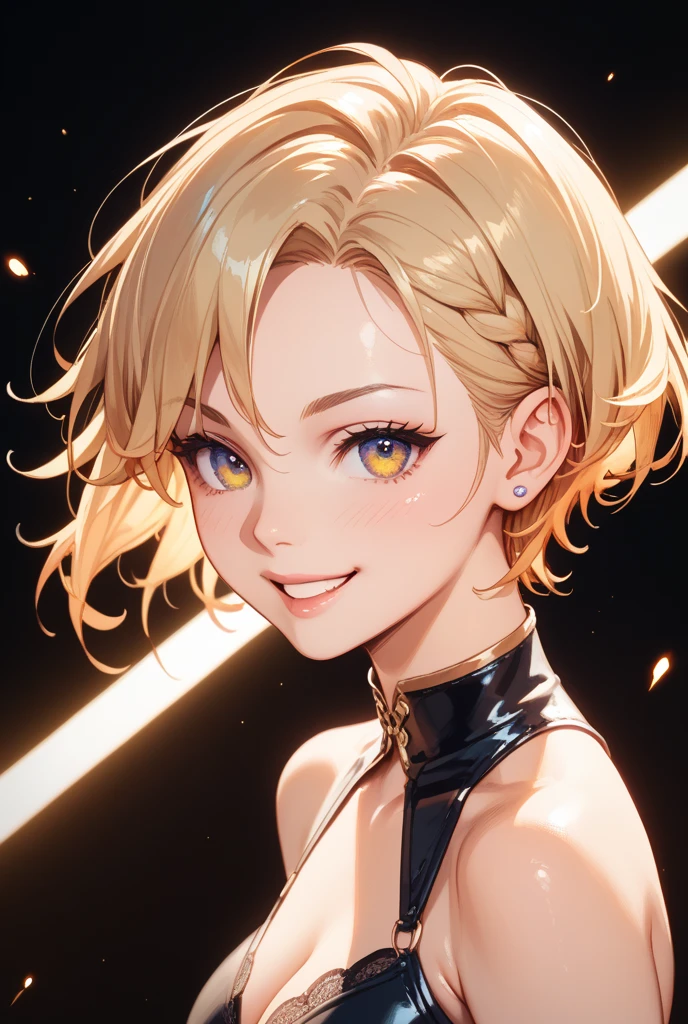 short hair, earrings, yellow eyes, Smirk, 1 girl, 