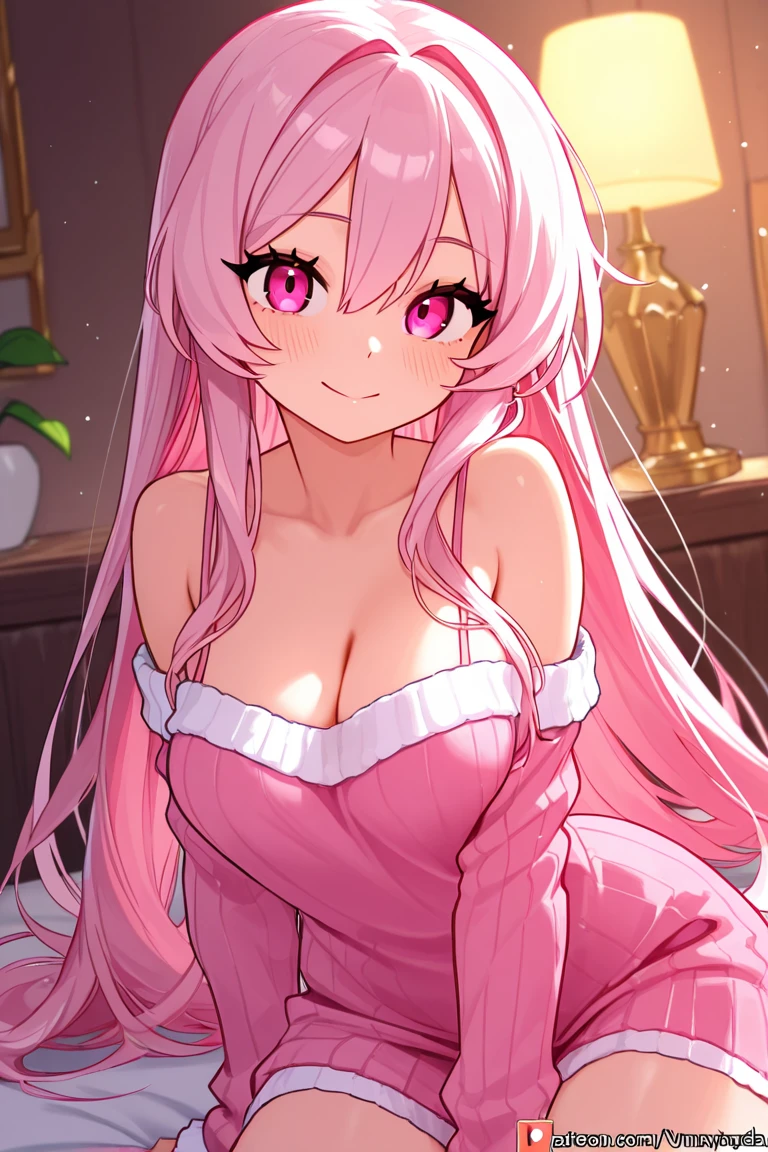 photo of mlp Meowko, RAW, beautiful woman, ((portrait)), ((detailed face:1.2)), ((detailed facial feature, detailed skin, glossy lips, shiny luscious lips, clear skin), (long pink hair, Candy fuchsia hair, bright pink hair: 1.55), (perfect proportioned body, narrow waist, slender hips, skinny, huge breasts), (wearing a night dress), (cozy bedroom oom, evening), (realistic photo, best quality, detailed), (8k wallpaper), (cinematic lighting, beautiful light, (day:1.3)) (sharp focus, intricate)
