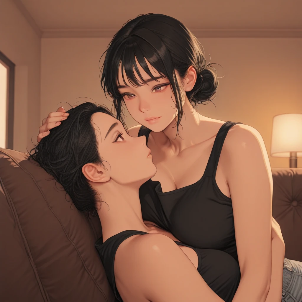 Beautiful couple, Both with medium build, Short to medium length hair, Intimate setting, Couple on a couch, Soft lighting, Conversational pose, Serious expressions, Muted colors, Realistic, High resolution, 4K, Atmospheric, Clean lines, Ultra-detailed, Intimate, Delicate, Sharp focus, Depth of field, Professional.
