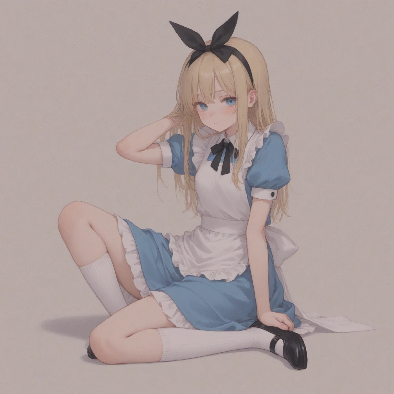 (1 girl one girl:1 girl), solo, ，Wear a royal blue armband sweater，Short model，White bandeau inside，blue panties，blonde，sex appeal，cuteness，white legwear，White wall，，FULL-bodyphoto，looks at the viewer，World-weary face，Indifferent eyes，Korean style
