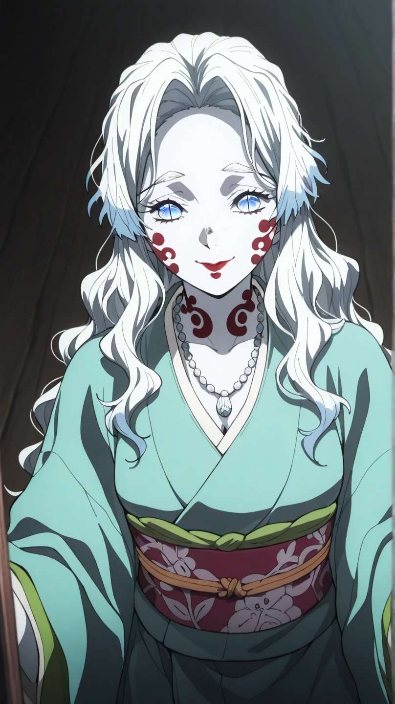(looking sideways, pale skin, lingerie)), cowboy shot, best quality, shiny hair, facial mark, cracked skin, pink lipstick, slit pupils), smile, smile, smile, masterpiece, huge breasts, (in Kimetsu no Yaiba style), floating obi, eyes not facing forward, cinematic lighting, 1girl, floating green eyes, huge breasts, daki, solo, long hair, gigantic tits, cleavage, ,V4,Daki,DakiV4, sidedoggystyle, 
