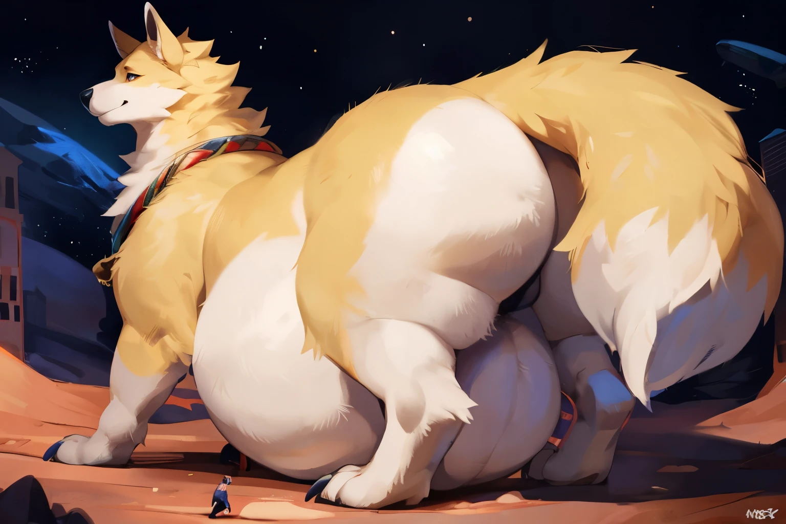 (8K, Masterpiece, high resolution, super fine illustration:1.3), (mature, boyish, mannish, cool:1.5), fluffy, long muzzle, blue eyes, perfect anatomy, detailed background, (solo, 1 female Siberian husky kemono:1.5), at beach, (undersized bikini), (tall:1.25), (topheavy, huge breasts:1.75), (big ass, thick thighs), (thicc, plump), (muffintop, lovehandle), venusbody, (wet, soaked, smile:1), (on all fours:1.5)