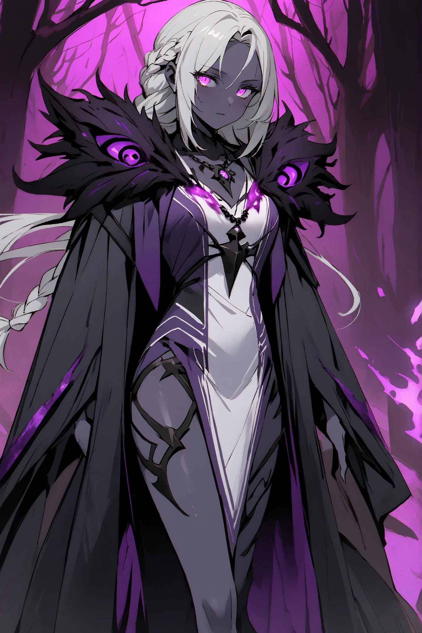 Solo, Female, Long White Braid, ((From Front)), Thigh up, Glowing Purple eyes, Dark Grey Skin, Noble Sorceress Robes, Raven Skull Necklace, Purple Energy Around her, Dark Woods, Purple Corruption,