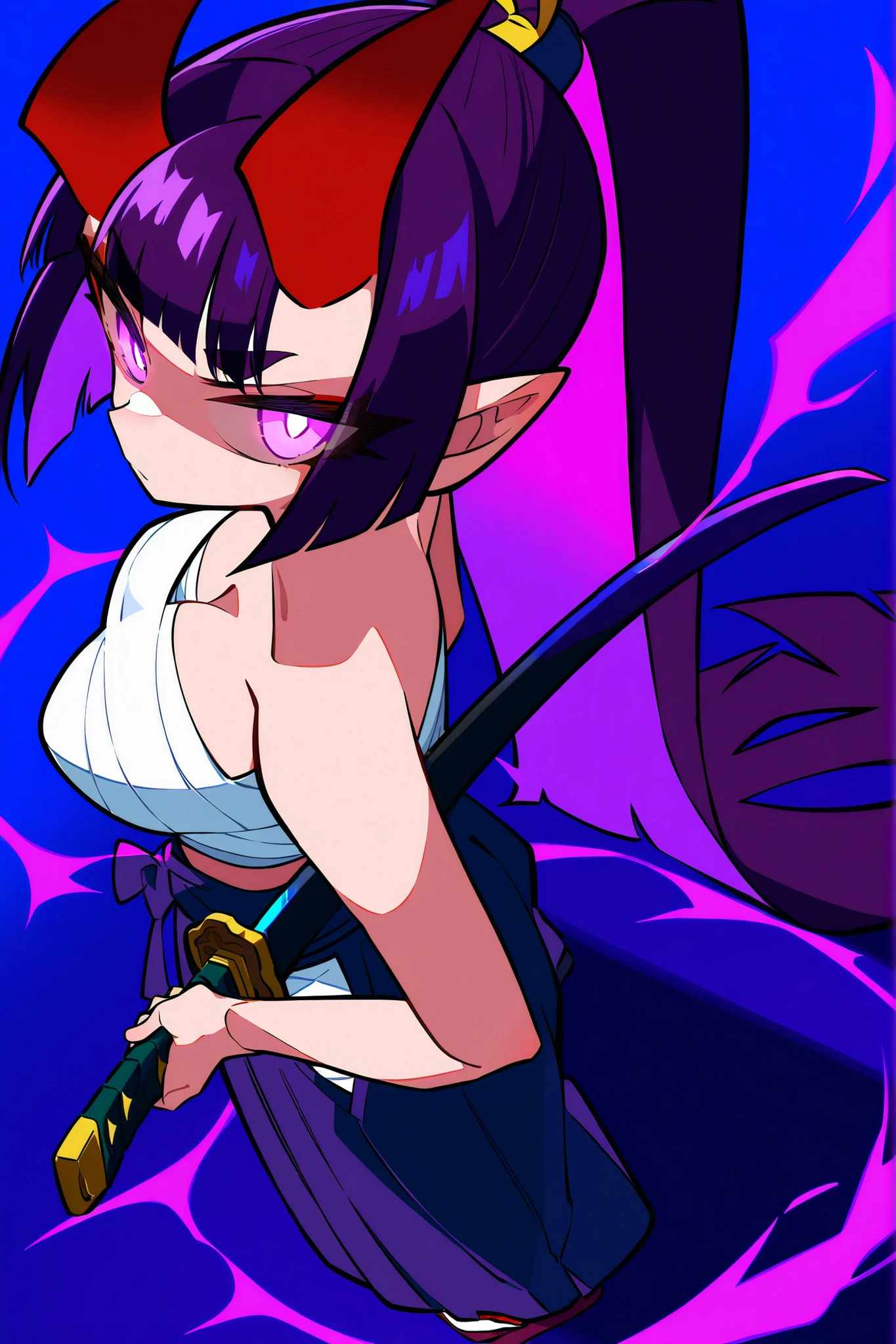 masterpiece, best quality, amazing quality, hyper-detailed, very aesthetic, absurdres, highres, 1girl, solo, Japanese, pointy ears, dark purple hair, hime haircut, long hair, straight hair, ponytail, glowing inner hair, purple eyes, tsurime, glowing eyes, white pupils, red eyeshadow, short eyebrows, makeup, red horns, purple-tipped horns, forehead horns, large breasts, slim, (samurai, kimono, hakama, sarashi, katana on waist, Katana in its sheath), standing, serious, dutch angle, looking back, from above, dim, deep shadows, Japanese night road, blash, purple electricity, purple sparks, purple aura