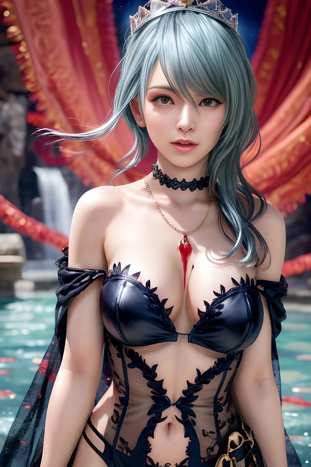 1 girl,lean over WINK,(Wearing Wedding Dress:1.2) ,(Wearing Jewel:1.2) ,( red lace_coat:1.3),(Fluffs :1.4),(pearl bodychain:1.3),garden,nighttime,moon,( huge breasts ),cleavage,shiny skin,lip gloss,tattoos, masterpiece, best quality, realistic ,Surrealism,Rich artistic colors,natural colors art in 8k,3D,Portrait art,solo, tamaki