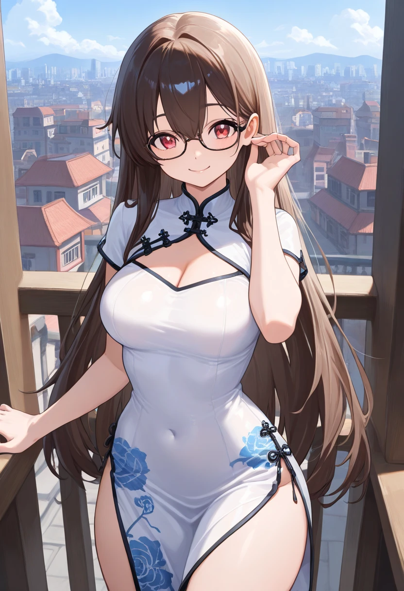 (4k, highest quality and photorealistic image)、One girl in a solo pose, whole body turned towards the beholder、Perfect hands placed on her hips, looking up with a captivating smile、
Outdoor setting: At the entrance of a Japanese home, on a sandy beach、Detailed face with square glasses accentuating her features、Best smile that melts heartsaway、
Long, light brown ponytail hair flowing freely、Busty figure with generous cleavage: 1.2、Black and gold two-tone swimsuit: 1.3 clinging tightly to her form、Camel toe adding allure to her figure、
Age: