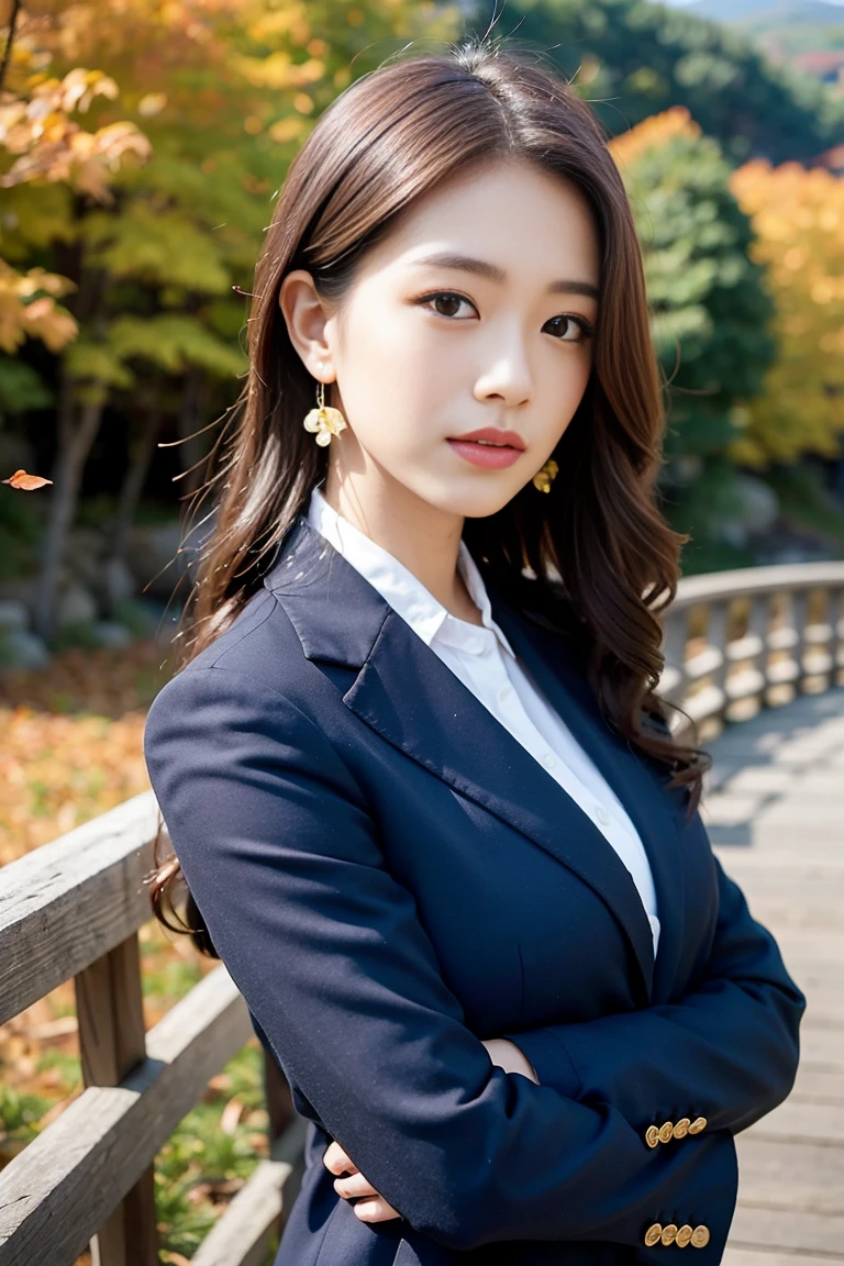 Best quality, full body portrait, delicate face, pretty face, 16 year old woman, slim figure, large bust, OL uniform, office clothes, navy blue stockings, no shoes, outdoor scene, sitting position on floor