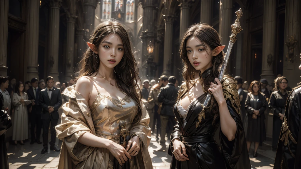 best quality, masterpiece, ultra high res, (photorealistic:1.8), detailed skin, etherial, elf ears, huge mansion, gold walls, climbing ivy, glowing, busty, cleavage, mystical, foggy, translucent