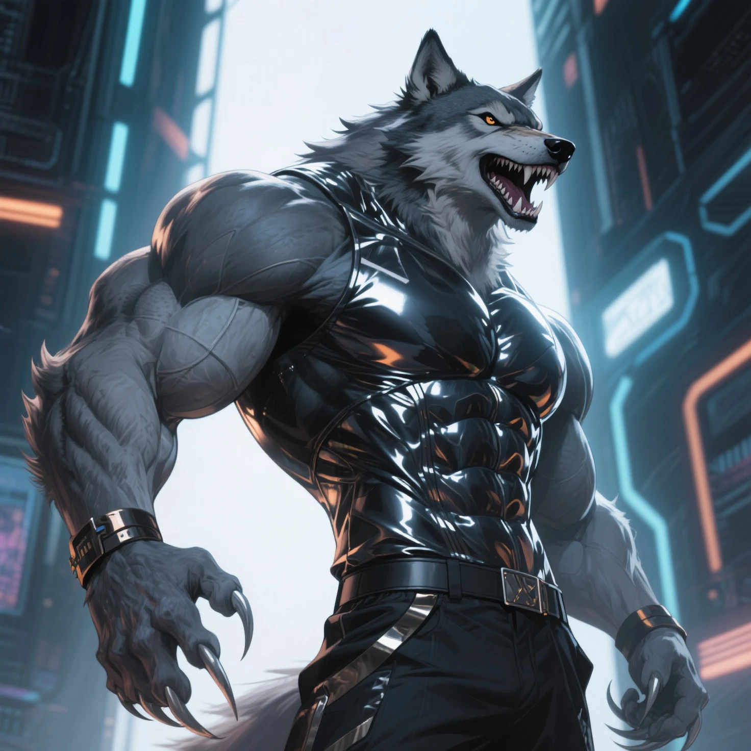 male wolf, full body covered with fluffy fur, , large muscular chest, volumetric abdomen, day, Sensual, detailed, Uploaded to e621, beautiful and detailed portrait of an anthropomorphic gray wolf (((male))) subtract, ross tran, Ruan Jia, Uploaded to e621, zaush, Foxovh, film lighting, moon lights, glowing eyes, gray fur, he is wearing black pants and a white shirt, he is wearing a collar