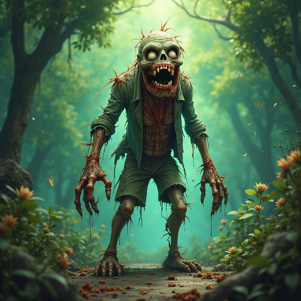Zombie in Hot Pursuit**
- Scene: The dense jungle, thick vines hanging.
- Character: The zombie running with unnatural speed, chainsaw in hand, its mouth gaping open, revealing broken, rotten teeth.
- Action: The zombie is close behind, eyes locked on Catman.