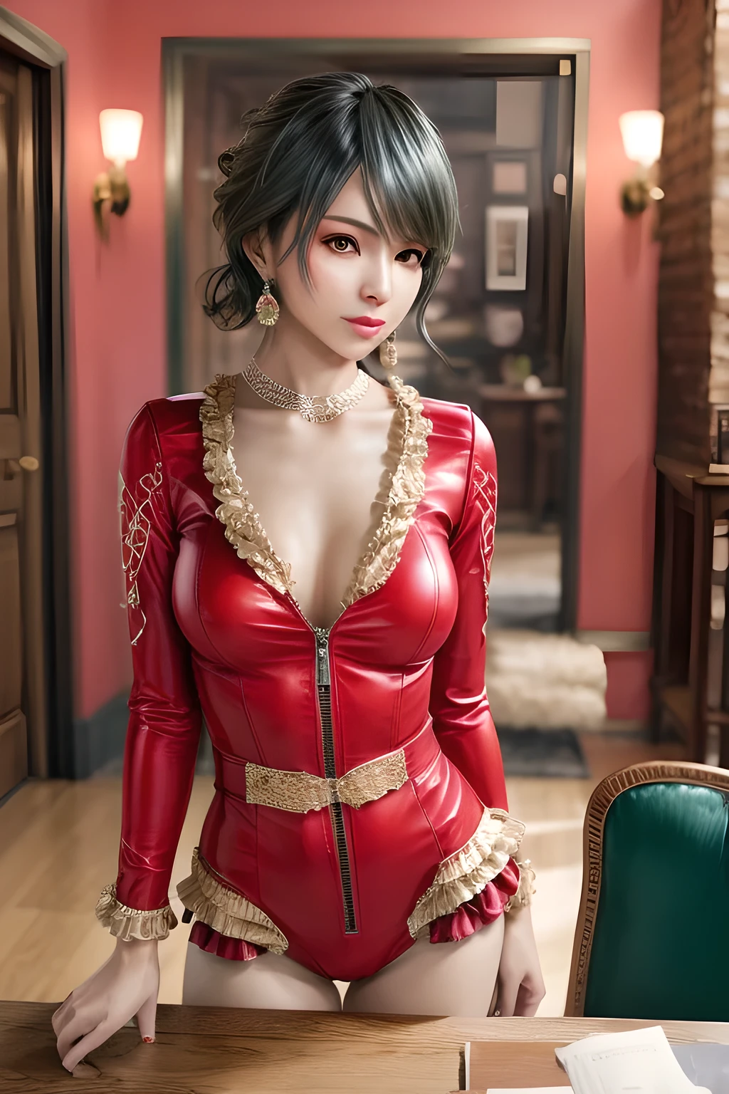 1 girl,lean over WINK, (Wearing Jewel:1.2) ,( red lace_coat),(Fluffs :1.2),(mother-of-pearl chain:1.4), garden,nighttime,moon,( huge breasts ),cleavage,shiny skin,lip gloss,tattoos, masterpiece, best quality, realistic ,Surrealism,Rich artistic colors,natural colors art in 8k,3D,Portrait art,solo, tamaki