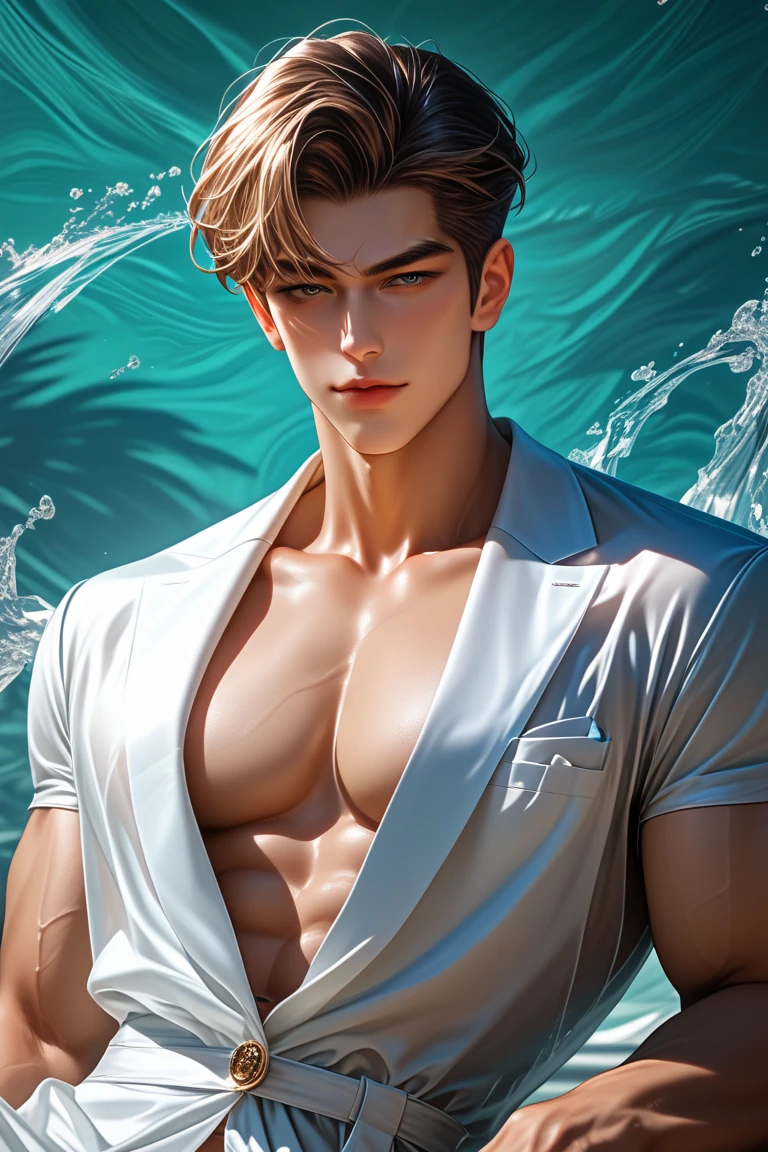 1 person, Beautiful eyes and face details, Masterpiece, Best quality, Close up, Toned body, (male model) hot skin, masterpiece, best qualities, most handsome man world, by Tham Quan, perfect body, beautiful male model, an attractive man leading aesthetics 18-24 years old, (Summer, Beach, Coconut trees, Blue sky, White clouds, sandy beach, sea water, Sunlight), rugged and handsome young man in a transparent white shirt, transparent white fabric, off-shoulder jacket, exposed chest muscles, exposed thighs, ((revealing clear black briefs throughout)), (male focus), (smooth body)), smile, super cute, dynamic, cool and seductive pose, dramatic lighting, full body shot, full body shot, face young, plump body, hairless body, tall and thin, fit body, striking, white or white , Young face, Toned body, Hd, Natural skin tone, soft lighting, Very detail, Audience view, photography, Detailed skin, real people, realism, optics, Crazy detail, Facial detail, Maximum magnification, Hyperrealistic exaggeration, film, telephoto, complex detail light composite, High Detail, High Detail, Digital painting, artstation , concept art, smooth focus, sharp, illustration, Unreal Engine 5, 8K, art by Ross Tran and Greg Rutkowski and Alphonse Mucha, UHD, 8k, Show only for men .8k Ultra HD, DSLR, low light, high quality, film grain, Fujifilm XT3, male fan, model 2 people, two people, white hair, Season Summer, Green lawn, Trees, Grass, Flowers, Blue sky, White clouds, Stream, Light.