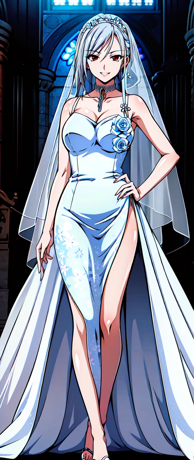 1 full length girl standing, good ass, maid of honor, Hairstyle with a white braid, white hair, blind, perfect lighting, muscular, thighs, mature woman, Mummy, belly button, ABS, look at the viewer (masterpiece, high quality: 1.1) smile, Extremely huge breasts, maternal, Porcelain skin, Extra long hair, shiny skin, good face, oni horns
