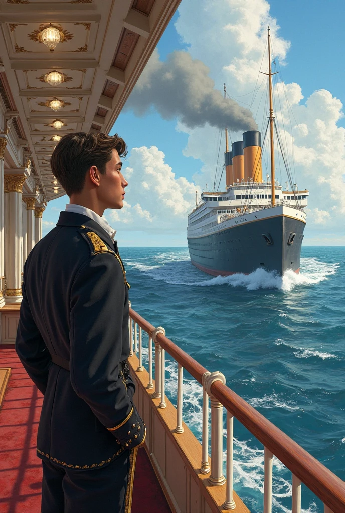 two physically different guys kissing. Details of the Titanic ship and sunset in the background. best image quality, 4k, ship's official uniform, elegant suit, kiss, hyperrealistic. --auto --s2