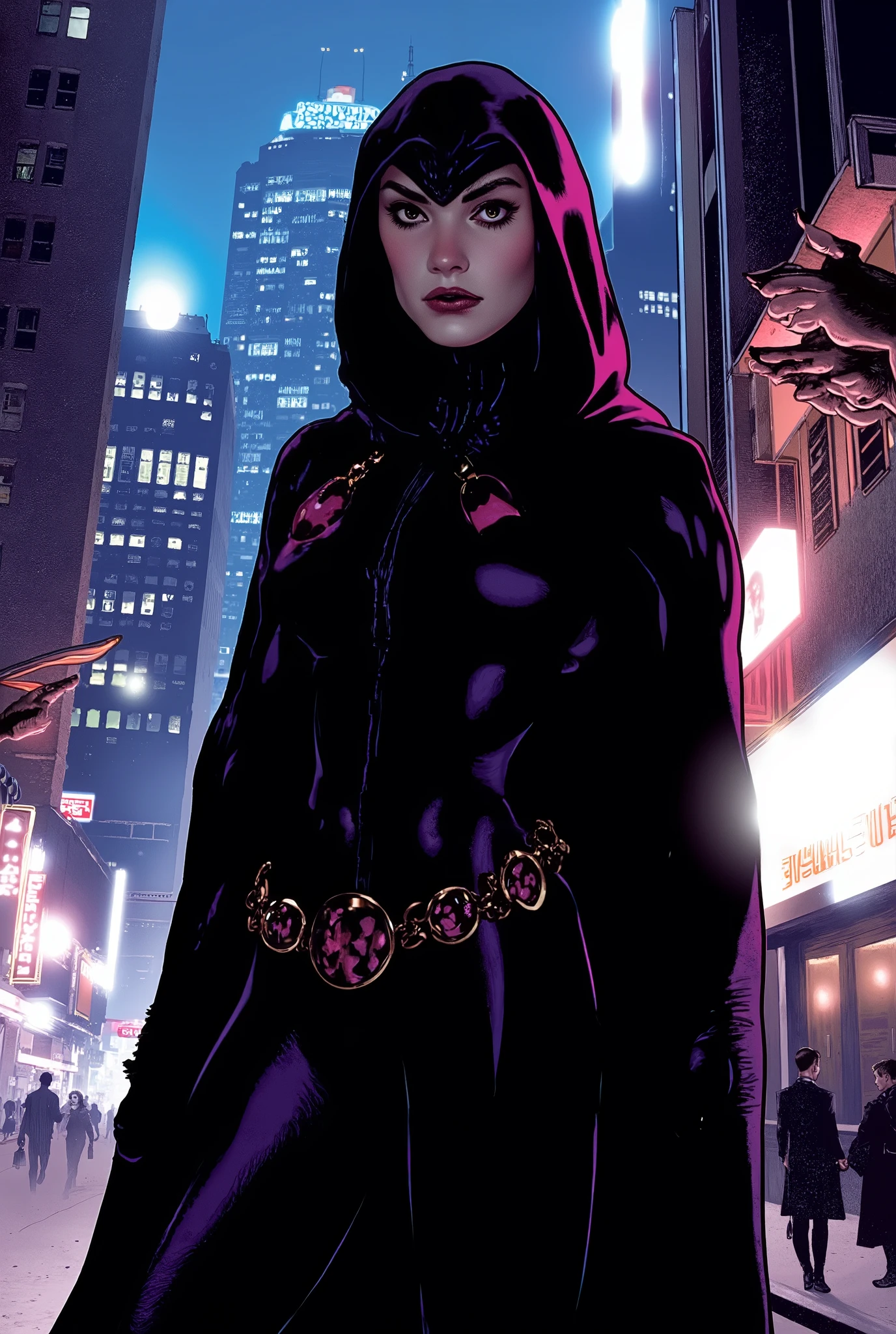 AdamHughesStyle, female dc character'raven. Raven bodysuit, superhero, dramatic lighting, night, city landscape, looking at viewer, holding belt