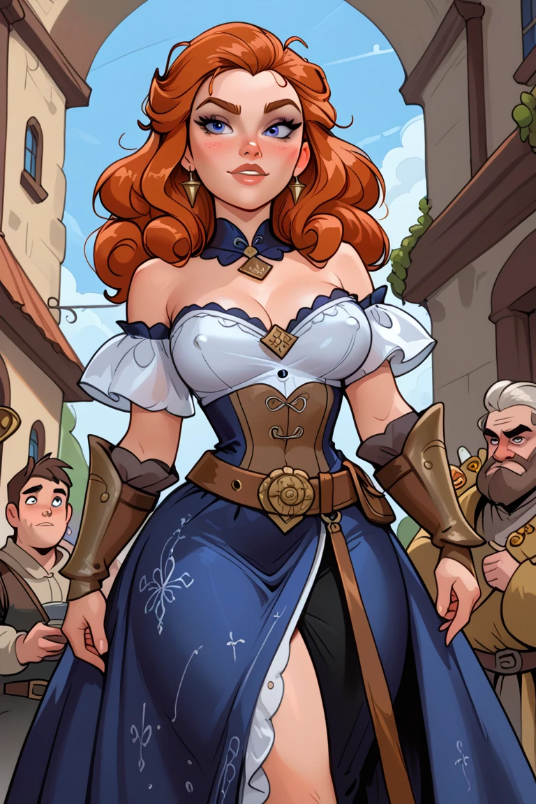 Cute Farmgirl With messy long hair. ((Red Haired Woman, Hairlong)), Perfectly Round Face. Beautiful Cute Face, Big Beautiful Voluptuous Lips, Charming Beauty, ((Kind Expression On His Face)), ((Big Beautiful Detailed Blue Eyes)), Thin Waist, Wide Hips ((Frilly Dark Blue Dress that demure with a very high neckline.,)) (Higly Detailed)),Official Art, Award Winning Digital Painting, Digital Illustration, Extreme Detail, 4k, Ultra Hd, Rococo, Polished, Intricate, Realistic Fantasy Art, Sharp Focus, Concept Art, Art By Wlop, Artgerm, (2d Vector Illustration) Light, Airy, HourGlass Figure. Ellie Bamber, very short skirt, glimpse of panties under the skirt due to the wind, hands on skirt trying unsuccessfully to hide the panties