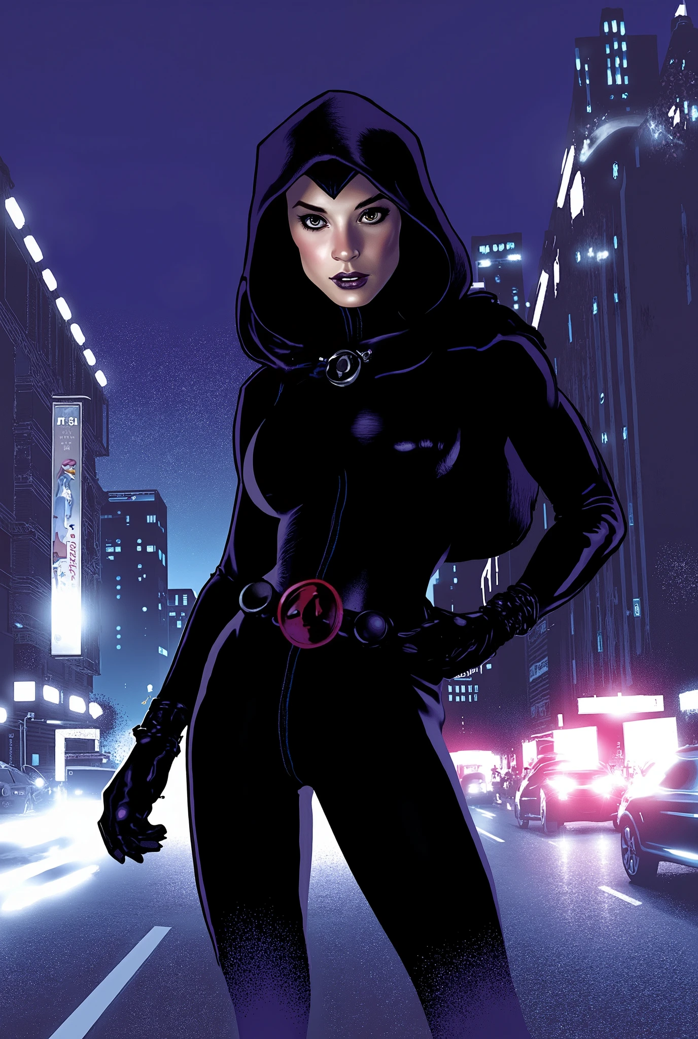 AdamHughesStyle, female dc character'raven. Raven bodysuit, superhero, dramatic lighting, night, city landscape, looking at viewer, holding belt