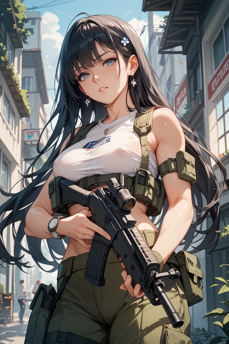 Action Scenes、Urban Warfare、Gunfire Battle、((masterpiece, highest quality:1.3)),cowboy shot,20 year old beauty,solo,((very small head)),long body,dark blue hair,long hair,black eyes,bangs,medium breasts,,slender body,skinny,shiny skin,oily skin,smile,White tight tank top、Crop length、navel、Denim micro mini shorts、GUNBELT,military vest,equipped with automatic rifle、Gunfire Posture、Gunfire、on street、Ruined Tokyo、Collapsed building、End of the World、War between aliens and humans、