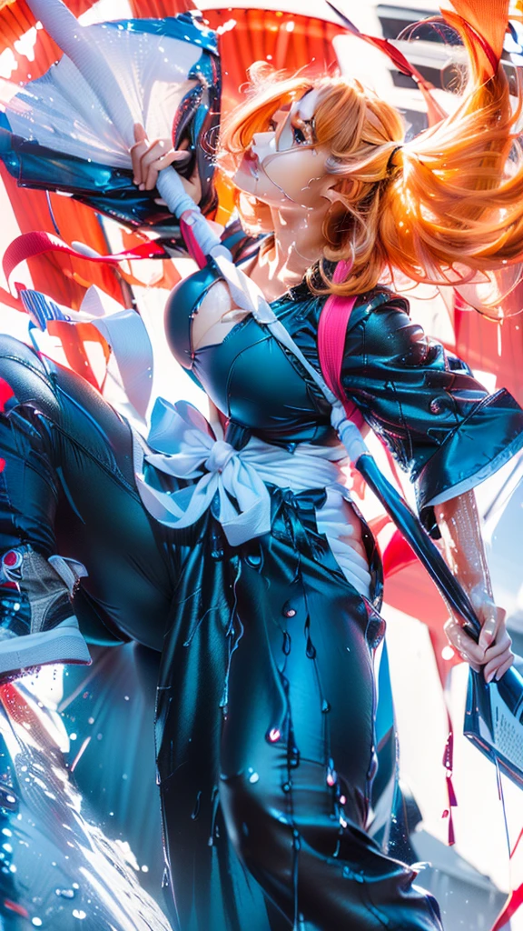 the garden of sinners，ryougi shiki，female，white kimono，short flowing black hair，look back sideways，stand on the lake，wielding a katana，make a splash，full body，moonlit night, massive moon，a firm and soft look，cool colors，blue and white，best picture quality，uhd，virtual engine，octane rendering，bloom, details，ambient light shading，depth of field effect, kirlian photography