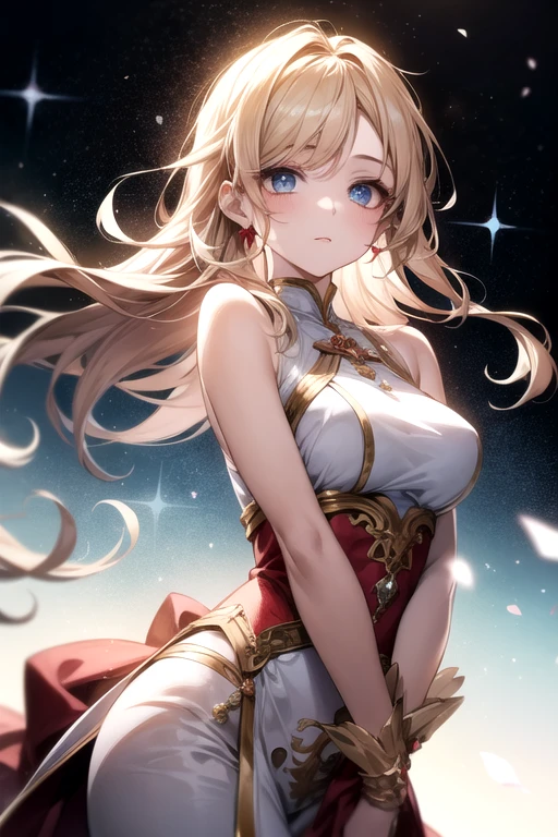 The highest masterpiece、16K、最high quality、Detailed face、Detailed eyes、Epic Seven Style、girl、 (Wavy Ponytail, Shoulder hair, Very long hair, very thick hair), Blonde or white hair、Have beautiful eyes, Golden Eyes, Star-shaped pupil, Diamond-shaped pupils), smile, Happy , Big Breasts, Cleavage, Crescent moon earrings, Casual wear goddess, 2 pairs of leather collars with beautiful jeweled feathers), (Hair Flower Hairpins), Using Lens Flare, chromatic aberration, Attention to detail, アニメ, Romanticism, op art, Written boundary depth, Motion Blur, Dazzling Light, Film Grain, 超High resolution, retina, Accurate, masterpiece, Anatomically correct, Rough skin, Very detailed, Attention to details, high quality, Awards, 最high quality, High resolution, 16K, Place your hands behind your back、Panchira appearance、Pull up your skirt